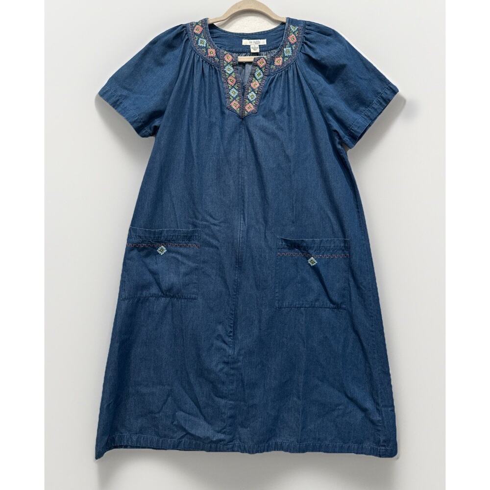 Go Softly Patio Denim House Dress Mumu Women's Sm Floral Embroidered Cottagecore